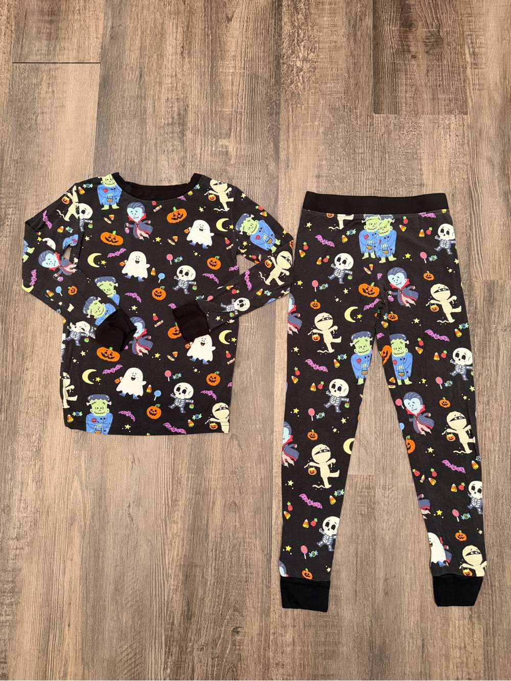 Kids Black Halloween Monsters Pajama Set - Long Sleeve Top & Jogger Pants